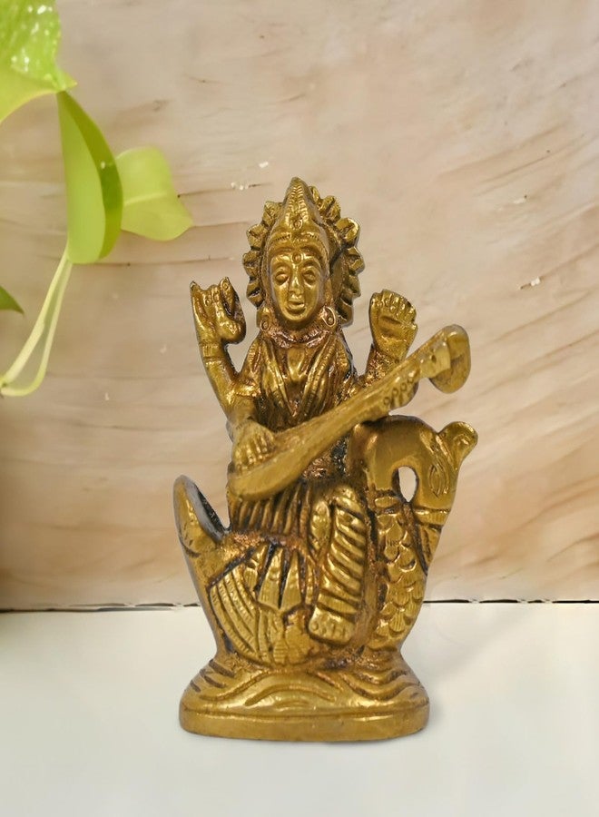 CRAFTHUT ELITE CRAFTHUT Brass Maa Saraswati Idol - 3Inch (275g) Goddess of Knowledge & Music Statue Sitting on Hans for Temple & Gift - Image 1